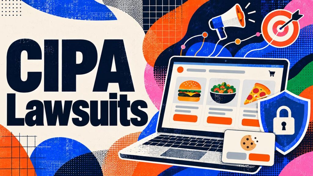 CIPA Lawsuits illustration featuring a restaurant ordering website, tracking data lines, a privacy shield, and a cookie consent pop-up.