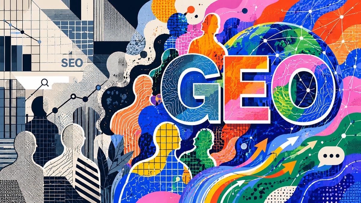 전통적인 SEO와 새로운 GEO를 대비한 추상 일러스트 이미지. 왼쪽에는 차트와 검색 아이콘이 있는 차분한 SEO 영역이, 오른쪽에는 지구와 네트워크, 다채로운 색감 속에 크게 강조된 “GEO”가 표현되어 있다.