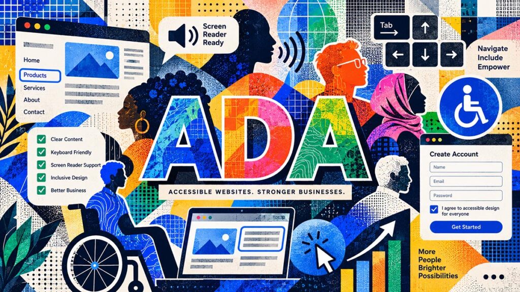 ADA 웹사이트 접근성과 포용적인 디지털 사용 환경을 표현한 일러스트