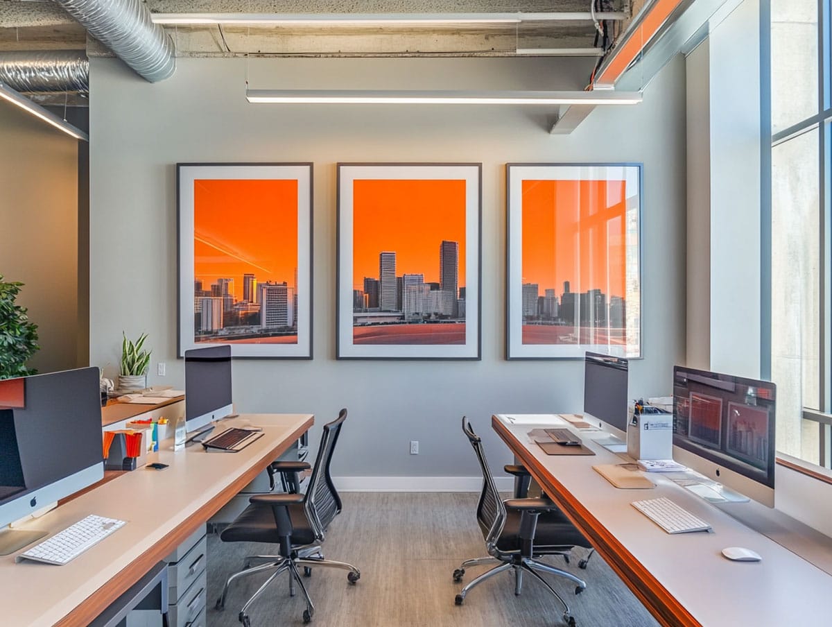 An office with 3 orange artworks on the wall
